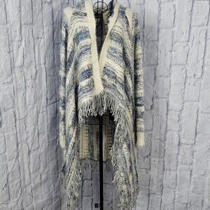 Frazzle Blu/Cream Open Front‎ Fringe Cardigan Poncho Sweater Large